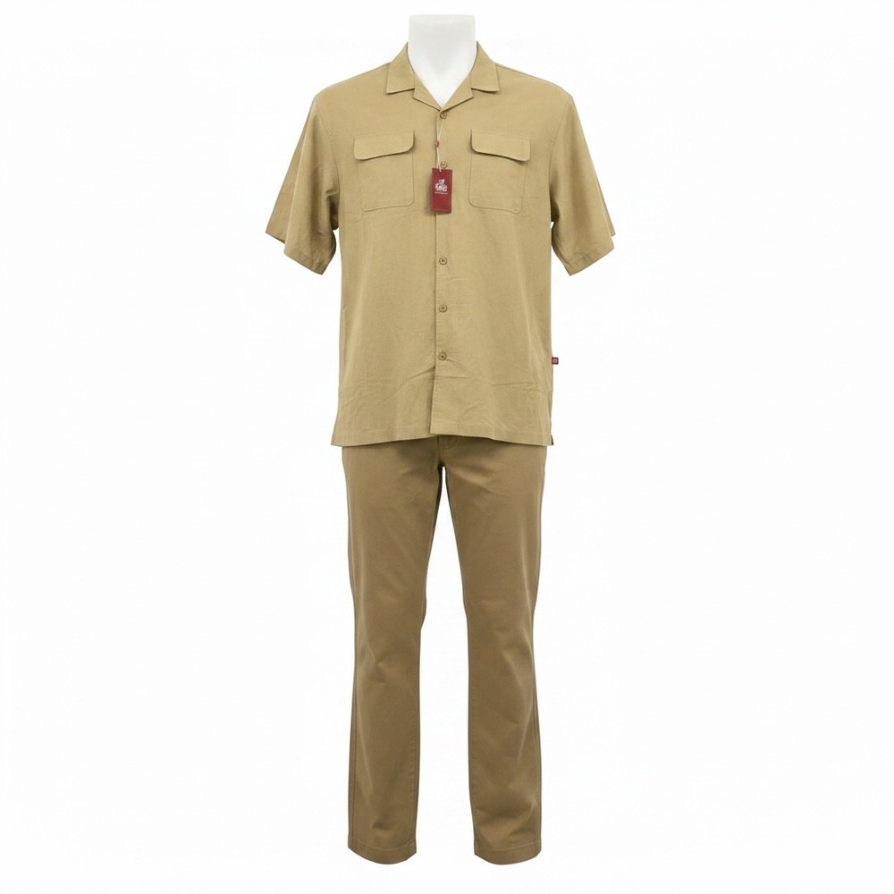 Stacy Adam Mens 44W/32 Tan Linen Blend Pants Short Sleeve Shirt 3XL‎